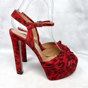 Aquazzura Evita Plateau 130 Leopard Suede Platform Ankle Strap High Heels Red 36